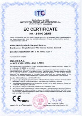 Certificado CE 1023 Suturas Absorbibles